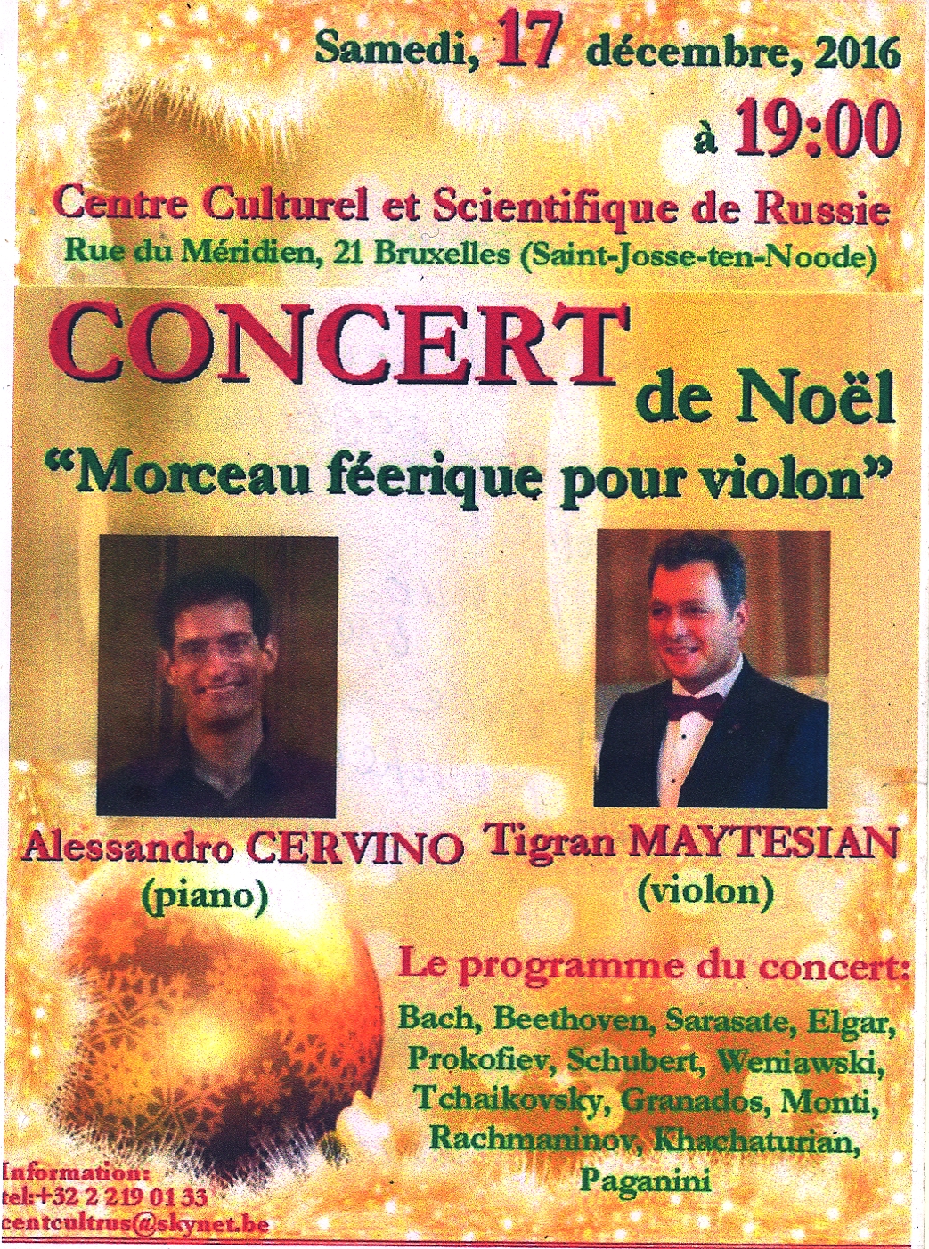 Affiche. CCSRB. Concert de Noël. Morceau féerique pour violon. 2016-12-17